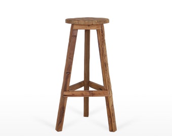 Taburete de bar vintage de teca antigua - redondo - 3 patas - 76 cm de alto