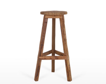 Vintage bar stool old teak - round - 3 legs - H 76 cm