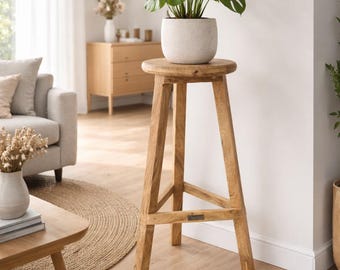 Vintage barkruk oud teak - rond - 3 poten - H 76 cm