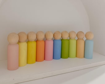 Rainbow Peg Doll Set: Hand-Painted Montessori Wooden Toys