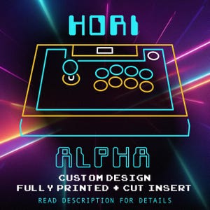 May include: A neon blue and yellow illustration of a custom designed arcade joystick with the text "HORI ALPHA CUSTOM DESIGN FULLY PRINTED + CUT INSERT READ DESCRIPTION FOR DETAILS".