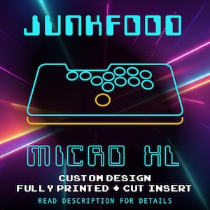 May include: A neon blue and yellow arcade controller design with the text "JUNKFOOD" and "MICRO HL". The design includes a custom printed and cut insert. The background features a vibrant, colorful, and futuristic design.