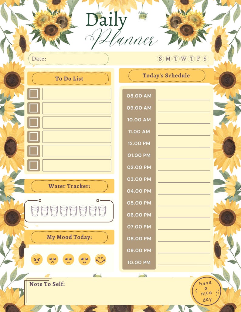 Sunflower Daily Planner Printable: To-do List, Mood & Water Tracker ...
