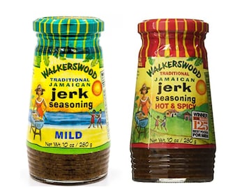 May include: Two glass jars of Walkerswood Traditional Jamaican Jerk Seasoning. The jar on the left is labeled "Mild" and the jar on the right is labeled "Hot & Spicy". Both jars are 10 ounces (280 grams).