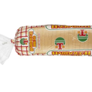 Puede incluir: Una bolsa de plástico blanca que contiene una barra de pan Hard Dough. La bolsa tiene un patrón de cuadros rojos y blancos con las palabras "Hard Dough" impresas en rojo y blanco.