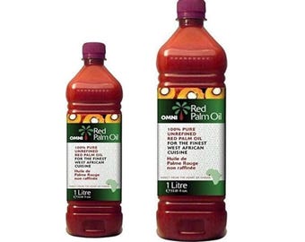 May include: Two clear plastic bottles filled with vibrant red palm oil, each topped with a purple screw cap. The labels feature the text Omni Red Palm Oil, 100% Pure Unrefined Red Palm Oil For The Finest West African Cuisine, and 1 Litre 33.81 fl oz.