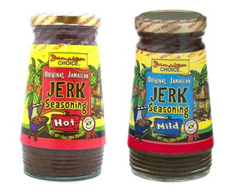 May include: Two glass jars of Jamaican Choice Original Jamaican Jerk Seasoning, one labeled "Hot" and the other labeled "Mild". Both jars are 10 ounces (284 grams).