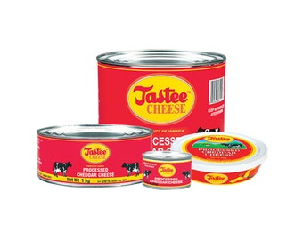 May include: Three cans of Tastee Cheese Processed Cheddar Cheese. The largest can is red with white text and a cow graphic. The medium can is red with white text and a cow graphic. The smallest can is red with white text and a cow graphic. The smallest can is in a white plastic container.