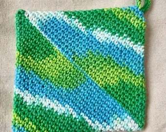 Handmade Crochet Cotton Potholder / Bright Green Blue Hot Pad Trivet – Thick Boho Cottagecore Kitchen Decor – Colorful Cotton Pot Holder