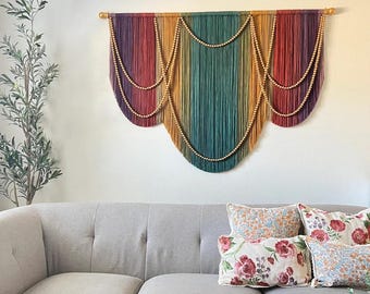 Boho Yarn Wall Hanging with Wooden Beads, Earth Tone Fiber Art
