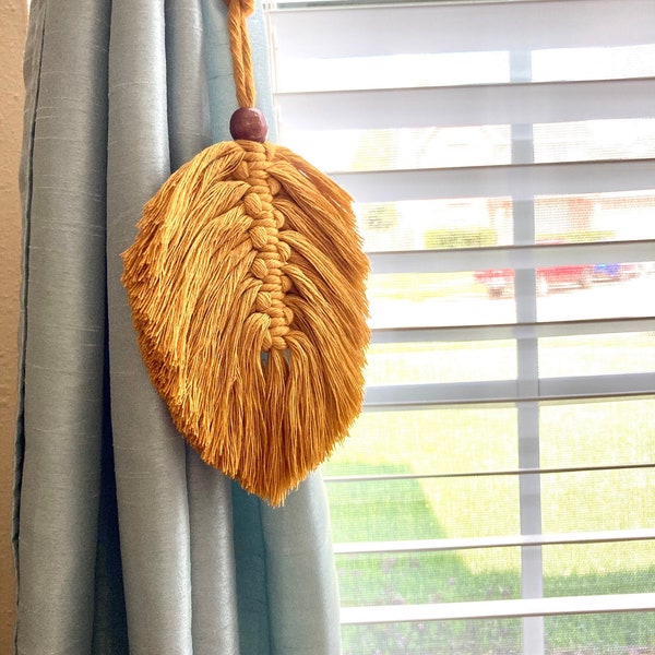 Curtain tie backs, Boho Curtain tiebacks, Modern tie backs, tie backs for curtains, Mustard Yellow Macrame Feather tie back, Macrame Leaf