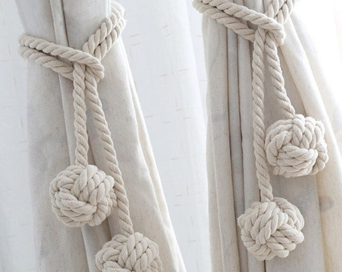 Boho Curtain Tie Back, Natural Cotton Rope Ball Curtain Tie Backs, Boho