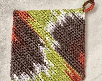 Handmade Crochet Cotton Potholder / Brown Green Rustic Hot Pad Trivet – Thick Cottagecore Kitchen Decor – Earthy Cotton Pot Holder – Eco gif
