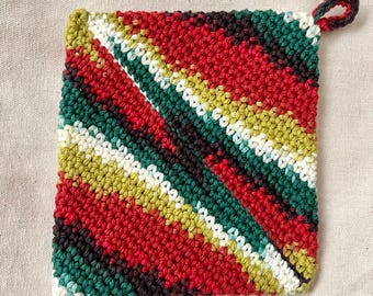 Handmade Crochet Cotton Potholder / Red Green Autumn Hot Pad Trivet – Thick Rustic Cottagecore Kitchen Decor – Earthy Cotton Pot Holder