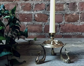 Ornate Vintage Brass Candlestick Holder with Swan Pedestal Detail