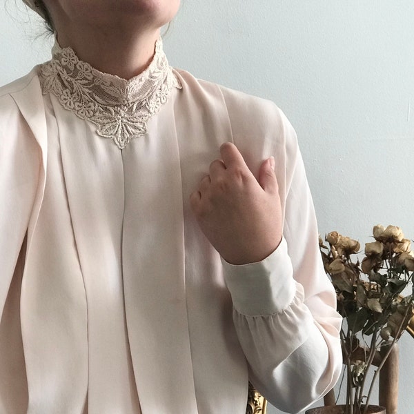 Soft Pink Vintage Blouse with Lace Mock Neck, Pleat Front and Long Sleeves