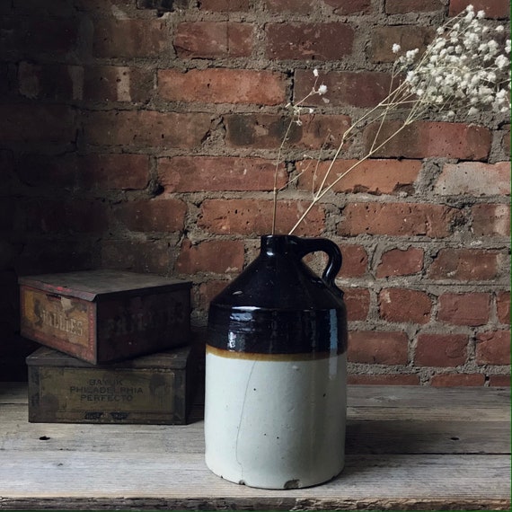 Rustic Vintage Stoneware Jug With Handle Two Toned Brown Etsy