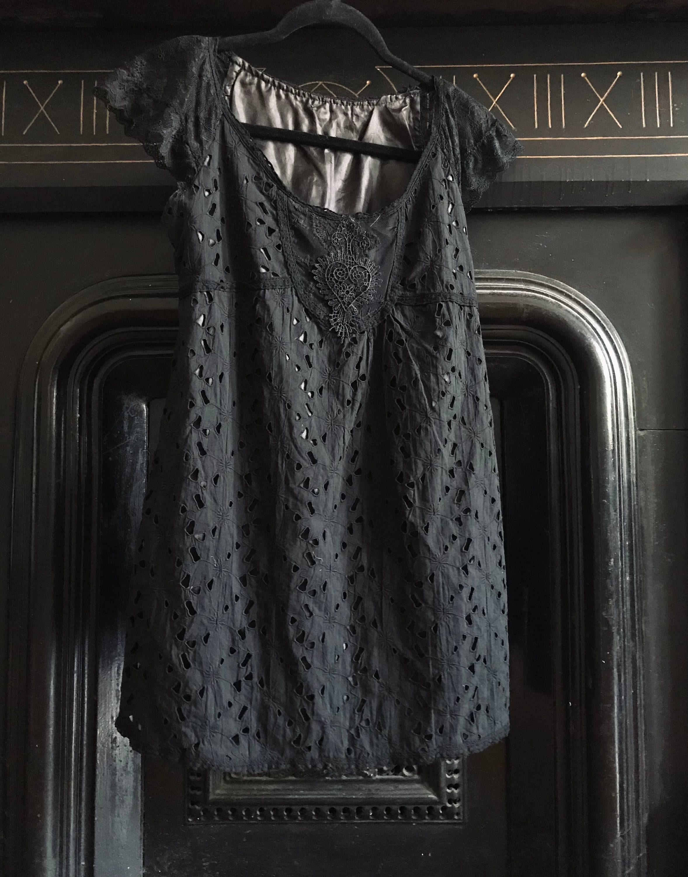 Black Eyelet Mini Dress with Lace Sleeves Black Eyelet Mini Dress with Lace Sleeves