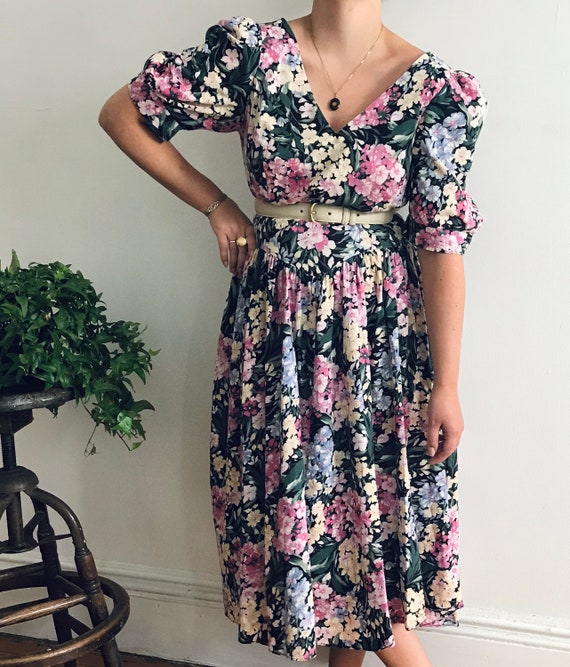 Vintage Floral Puff Sleeve Midi-Length Cotton Dres