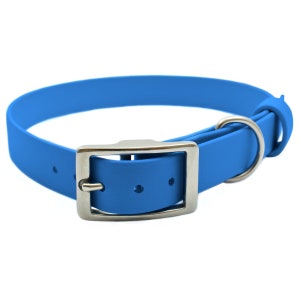 Stainless Steel & Electric Blue 19mm Wide BioThane Vegan Leather Dog Collar With Choice of Colour of Keeper Ring