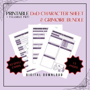 May include: Printable D&D character sheet and grimoire bundle. The image shows several white sheets with character information, prepared spells, and inventory details. Includes 42 spell cards and 13 pages. The text "Digital Download" is also visible.