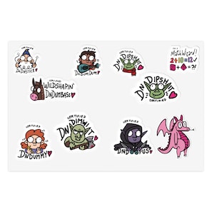 May include: A sheet of white stickers featuring cartoon characters and text. The stickers include a wizard, a musician, a goblin, a donkey, a woman, a math problem, a goblin with an axe, a hooded figure, and a pink dragon. Each sticker has the text "CERTIFIED" and a unique phrase.