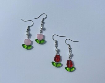 Tulip and Rose Glass Beaded Earrings | Nature Themed Jewelry | Dainty Summer and Spring Earrings