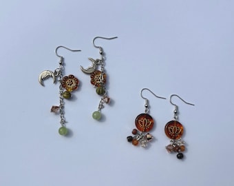 Celestial Moon and Lotus Flower Beaded Charm Earrings | Nature and Metaphysical Themed Jewelry