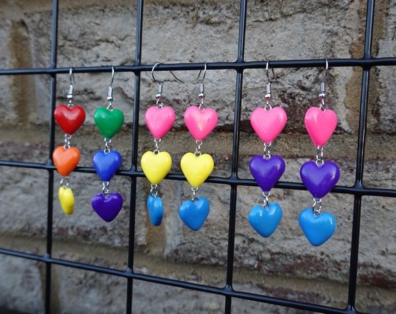Rainbow Pride Earrings | Triple Heart Dangle | Polymer Clay LGBTQ Pride Jewelry