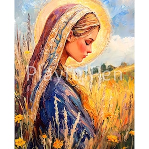 May include: A painting of a woman with long blonde hair wearing a blue and gold robe and a white head covering. She is standing in a field of tall grass and flowers. The background is a bright blue sky with white clouds.