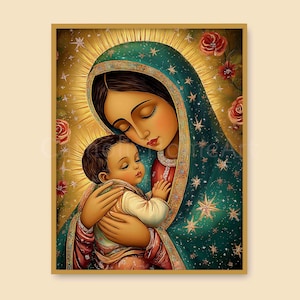 Our Lady of Guadalupe, Mary with Baby Jesus Art Print, Religious Christian Catholic Wall Art Printable, Mother and Child Instant Download