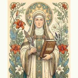 Stampa artistica da parete di Santa Ildegarda di Bingen, poster religioso illustrato, regalo cristiano cattolico, download digitale