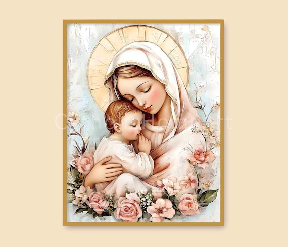 聖母マリアと幼子イエスのアートプリント、キリスト教カトリックの宗教
