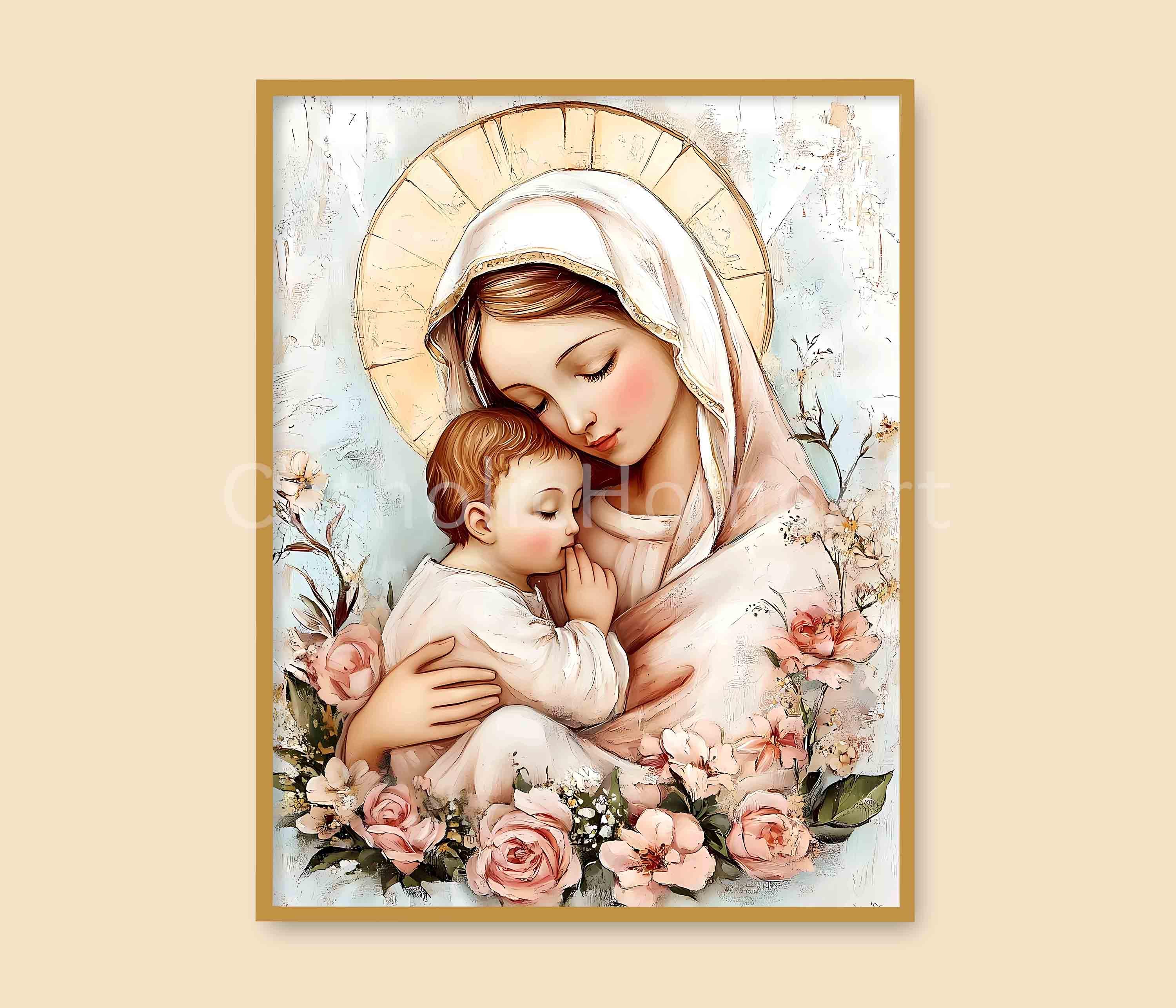 聖母マリアと幼子イエスのアートプリント、キリスト教カトリックの宗教