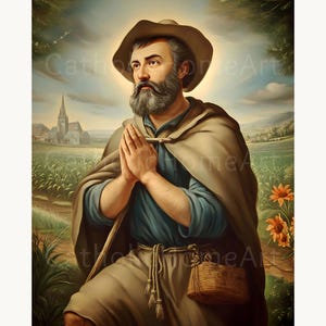 May include: A painting depicting a man with a beard, wearing a hat and cloak, with hands clasped in prayer. The background shows a church, fields, and flowers, with the text "Catholic Home Art".