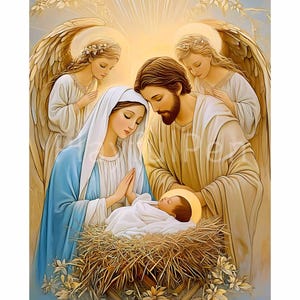 Holy Family Nativity Scene Wall Art Printable Poster, Jesus Mary and Joseph, Traditional Classical Baby Jesus Print Digital Download
