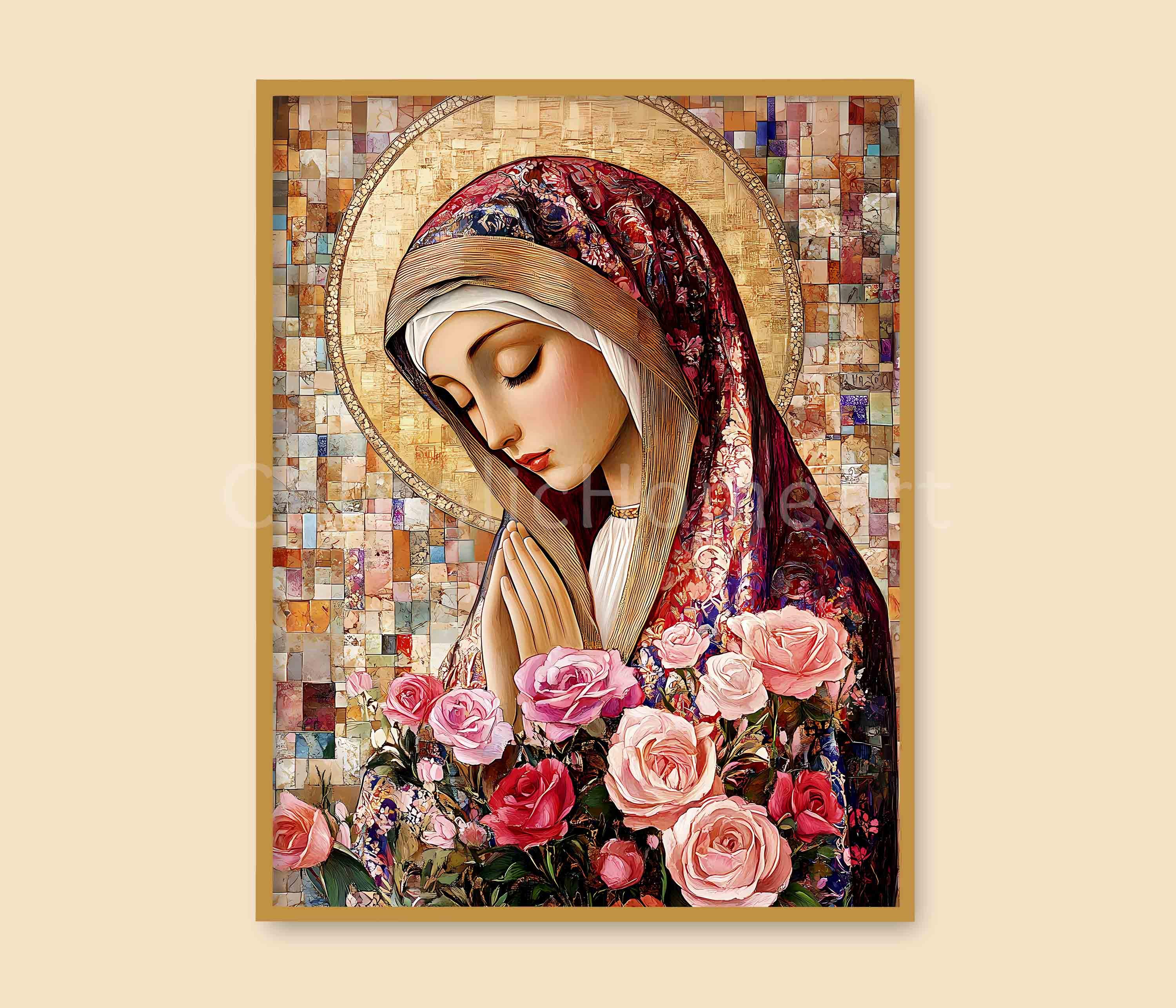 Virgin Mary Mosaic Art Print, Blessed Mother With Roses Catholic