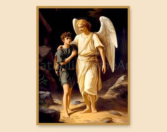 天使と男性の彫刻 ランプ付き 大天使聖ラファエルの印刷可能な壁アート、聖ラファエルの絵