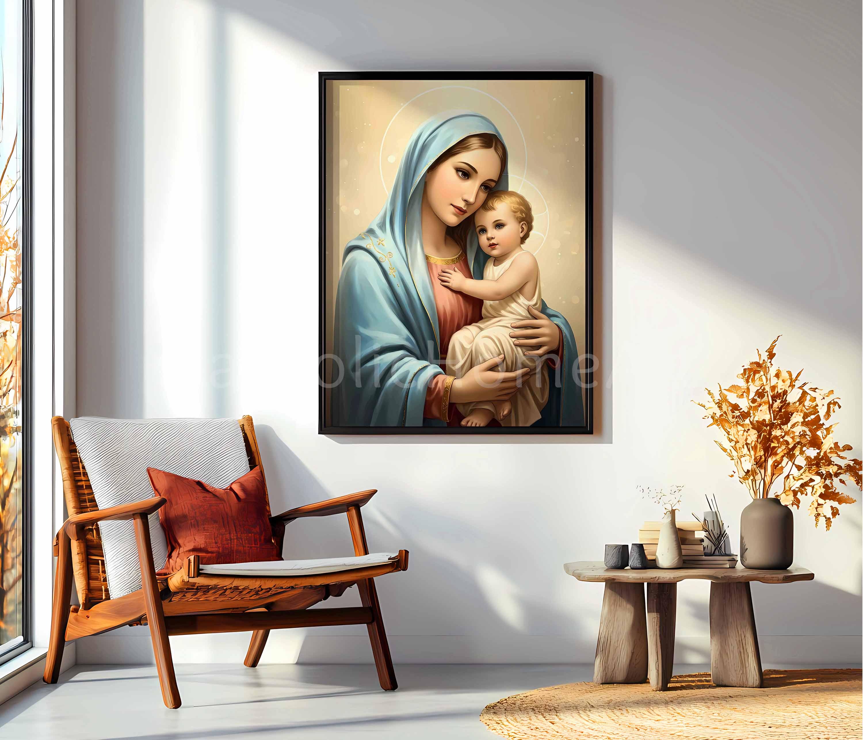 伝統的な聖母マリアと幼子イエスのアートプリント、宗教的なキリスト教