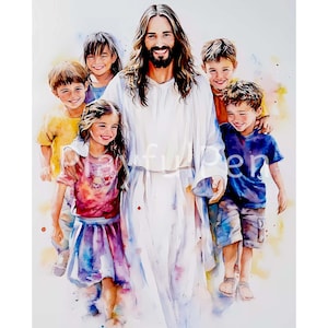 Arte imprimible de Jesús con niños, imagen de Jesús con el niño, Jesús con niños imprimible, arte de Jesús y los niños, impresión de descarga digital