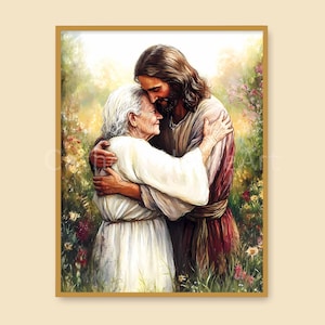 Jesus Comforts Elderly Woman Printable Wall Art, Christ with Grandma Painting, Grief and Healing Christian Art Reunion Art, Digital Download