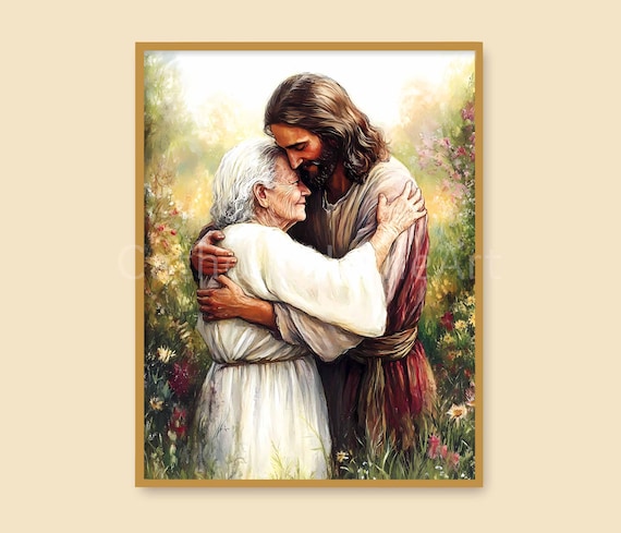 Jesus Comforts Elderly Woman Printable Wall Art, Christ with Grandma Painting, Grief and Healing Christian Art Reunion Art, Digital Download