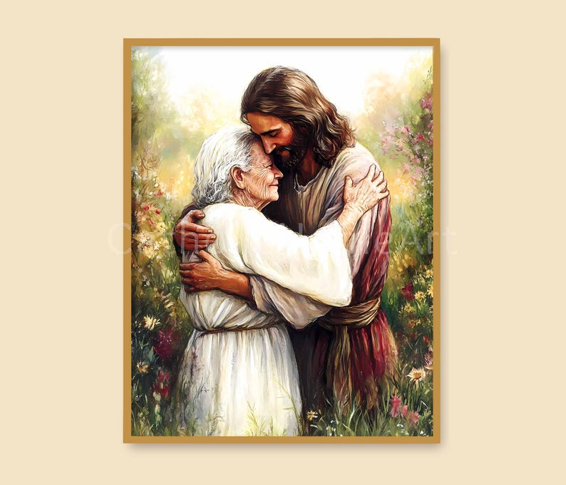 May include: A framed print depicts a tender embrace between two figures. One figure, with long brown hair and a beard, is embracing an elderly person. The artwork is set against a backdrop of soft light and colorful flowers, creating a warm and comforting scene.