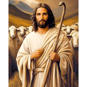 Póster de Jesús el Buen Pastor, Jesús con ovejas, arte de pared imprimible, impresión de arte cristiano, imagen de Jesús con ovejas, descarga digital