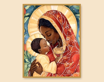 Black Madonna and Child Printable Wall Art, Mary and Infant Jesus Catholic Poster Print, African Mother Mary and Baby Jesus Digital Download