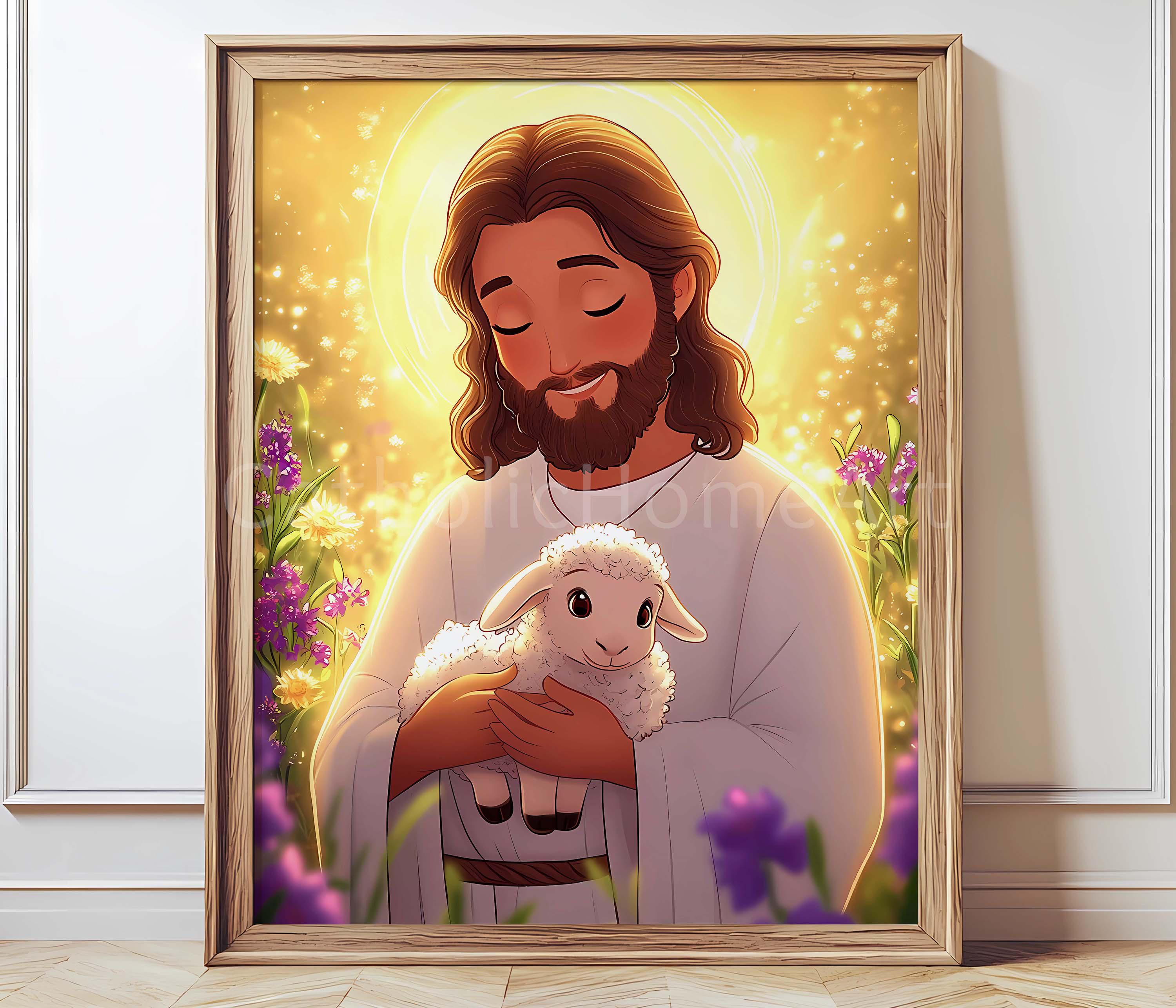 Jesus With Baby Lamb Wall Art Printable, Christ Leaves 99 Sheep Print ...
