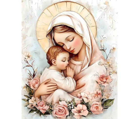 聖母マリアと幼子イエスのアートプリント、キリスト教カトリックの宗教