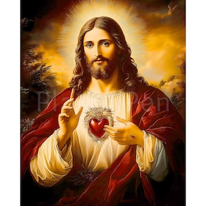Sacred Heart of Jesus Printable Poster, Jesus Christ Wall Art, Christian Print, Devotion to the Sacred Heart, Divine Love, Digital Download
