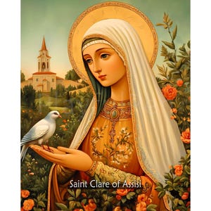 Affiche d'art mural imprimable Sainte Claire d'assise, impression catholique chrétienne saints franciscains, téléchargement numérique de bureau à domicile d'art religieux