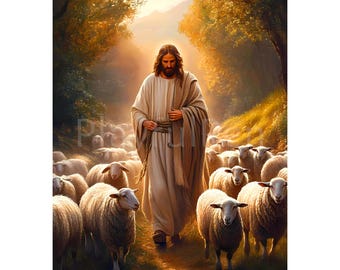 Jesus and The 99 Sheep Poster, Jesus With Sheep Printable Wall Art Print, Picture of Jesus as Shepherd with Lamb, Christian Digital Download